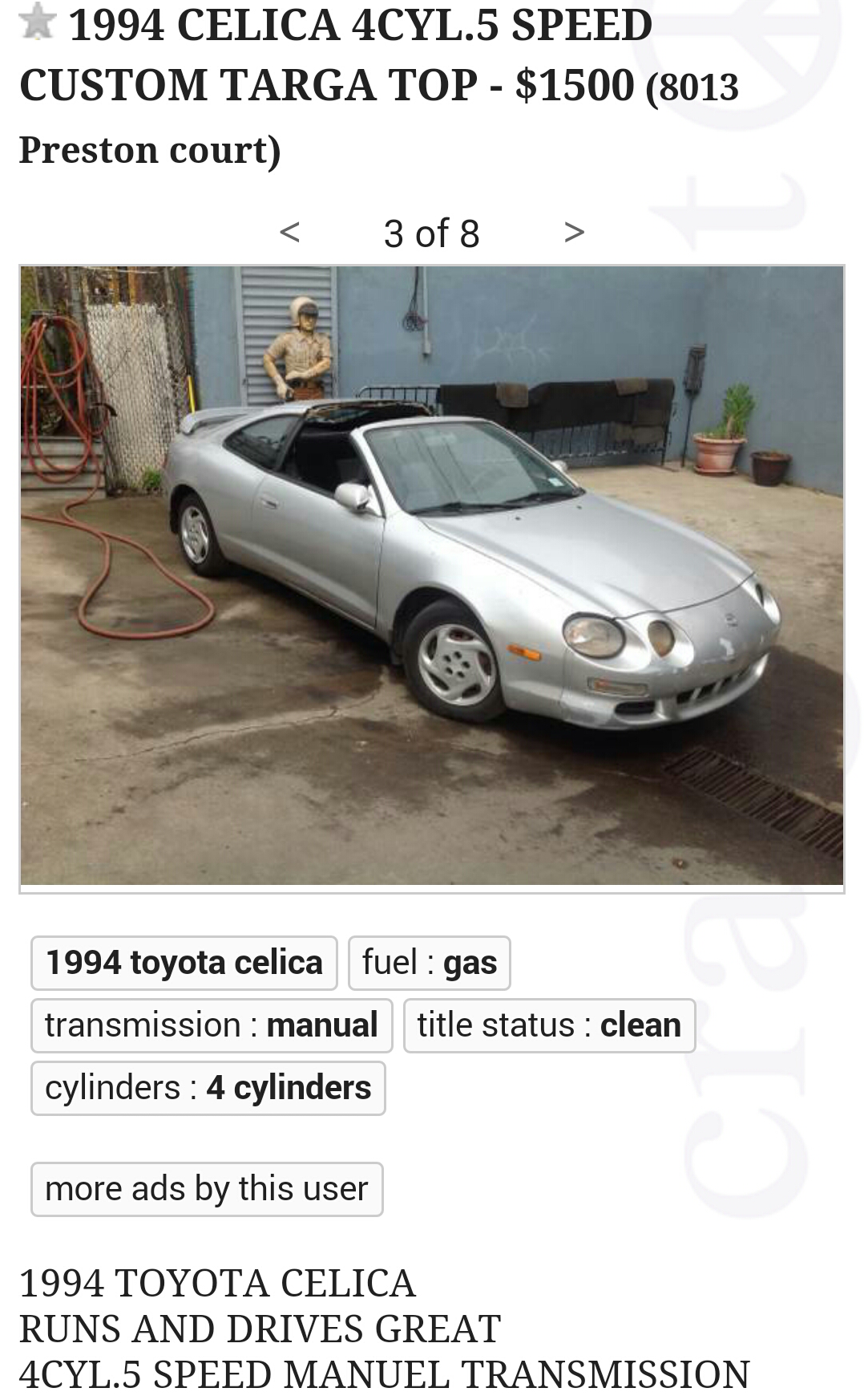 1994 CELICA 4CYL.5 SPEED CUSTOM TARGA TOP